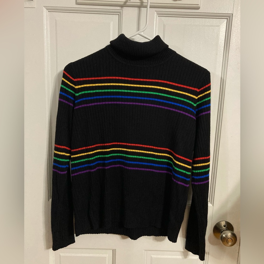 Vintage Rainbow and Black Striped Turtleneck Sweater